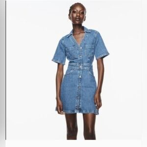 Zara -Women"s L Denim Button-Front Short Dress - Blue